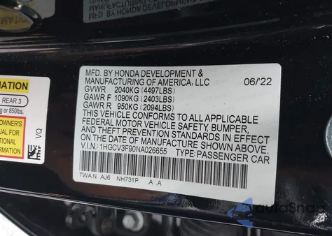 2022 Honda Accord Hybrid Touring из США, поврежденный, VIN 1HGCV3F90NA026655